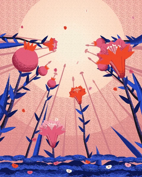 Pomegranate blossoms and ripening fruit hang from slender dark stems against a warm peach sky with a pale sun.