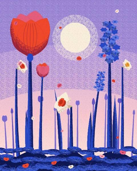 Red tulips, blue hyacinths and cream narcissus stand tall over a carpet of leaves in a pink morning sky with a soft sun.