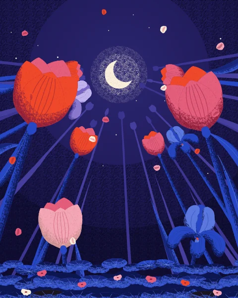 Red and pink tulips lean in around a crescent in a deep night sky, with stars between the stems and a dark carpet of leaves.