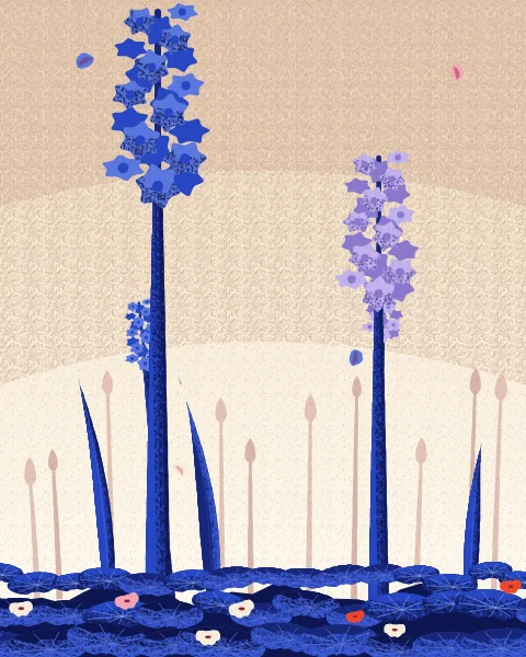 Three tall blue hyacinths stand over a carpet of round leaves against a pale cream sky.