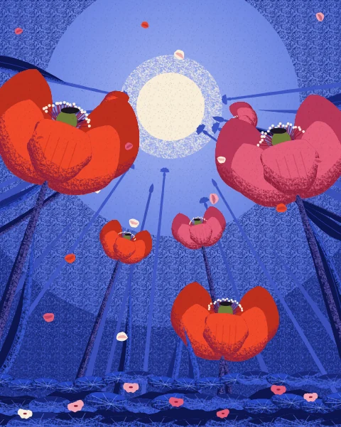 Red poppies lean in from all around a pale sun in a cobalt sky, their petals crinkled and their stems dark.