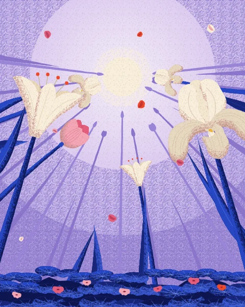 Cream lilies, white irises and pale pink tulips rise into a soft lilac sky, with a few petals drifting down.