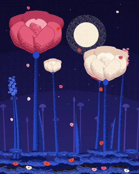 Roses in rose and cream stand on tall stems over a dark carpet of leaves under a night sky with a full moon.