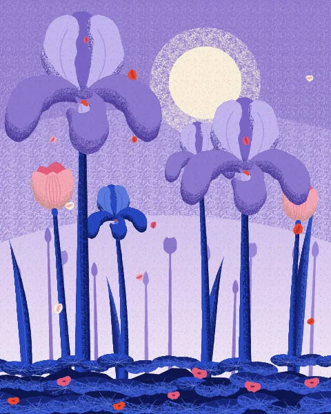 Lavender bearded irises stand over a carpet of leaves in a lilac sky, with a soft sun and petals falling.