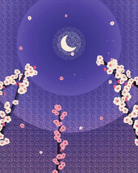 Branches of cream almond blossom reach up from the corners into a dusk sky, with a crescent between them.