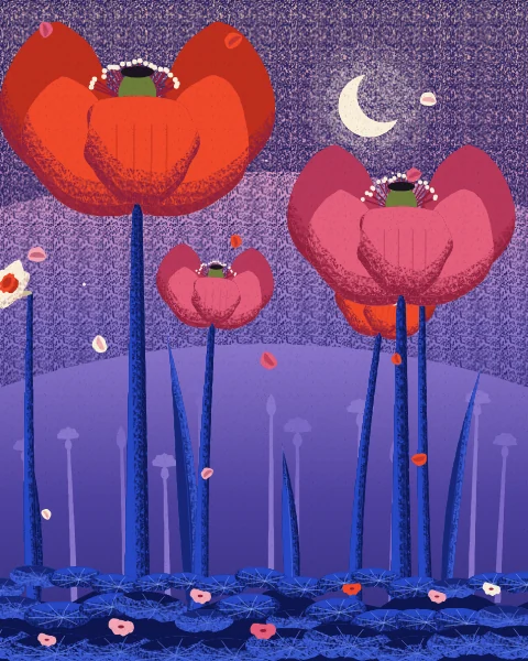 Red and pink poppies stand on tall bending stems against a dusk sky that fades to pink, with a crescent above.