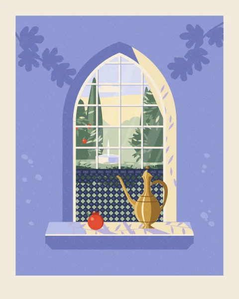 A tall pointed-arch window in a periwinkle wall looks out on cypresses, a pomegranate tree and a small fountain, with a turned-wood lattice across its lower panel. A brass ewer and a pomegranate stand on a sunlit sill striped with leaf shadow.