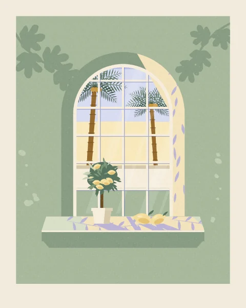 A round-arched window in a sage-green wall opens on a high summer sky and two date palms above a white garden wall. A small lemon tree in a cream pot and two lemons sit on the sunlit sill.