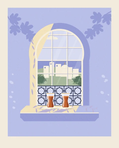 A horseshoe-arched window with an iron star grille in its lower half looks across a calm sea to a white hill town with a small dome. Two glasses of amber tea stand on the sill in the afternoon sun.