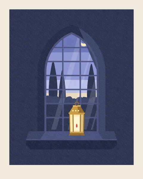 A pointed window in a deep blue-grey wall holds the last of a summer evening: a pale crescent over dark cypresses and a warm band of sky. A brass lantern glows on the sill.