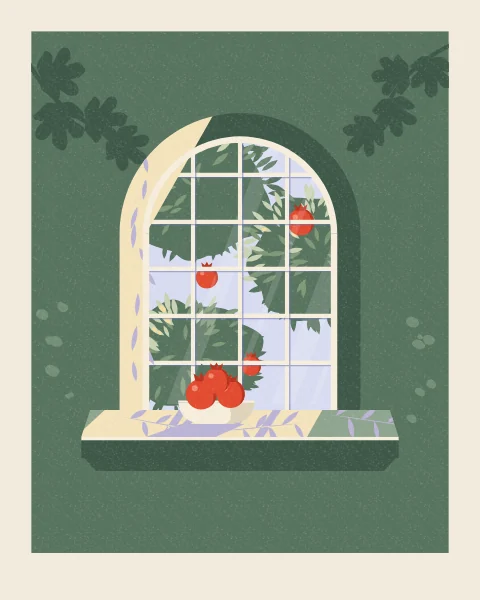 A round-arched window in a deep green wall is filled with the leaves and red fruit of a pomegranate tree. A cream bowl of pomegranates waits on the sunlit sill.
