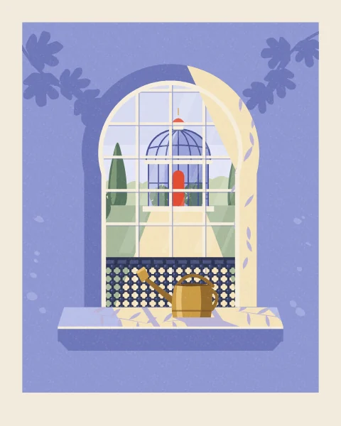 A horseshoe-arched window with a low wooden lattice looks over a lawn to a small domed glasshouse with a red door. A brass watering can stands on the sill.