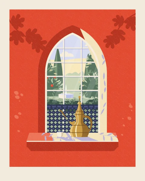 A pointed window in a tomato-red wall looks out on a sunny garden of cypresses and fruit trees, with a wooden lattice across its lower half. A brass dallah and a small coffee cup stand on the sill.