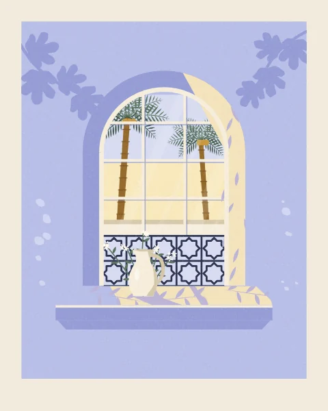 A round-arched window with a star grille below looks up at date palms in a pale sky. A cream jug of white jasmine stands on the sill, its sprigs crossing the glass.