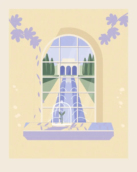 A round-arched window in a warm cream wall looks down a long garden pool, between clipped hedges and rows of cypress, to a small arcaded pavilion. On the sill a glass bell jar covers a young seedling.
