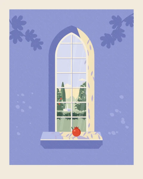 A tall, narrow pointed window in a periwinkle wall frames a single cypress and a slice of summer sky. One pomegranate rests on the sill in a band of sun.