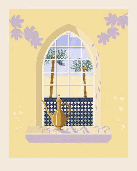 A pointed window with a wooden lattice in its lower half stands in a pale butter-yellow wall, with date palms in the bright sky beyond. A brass ewer catches the morning sun on the sill.