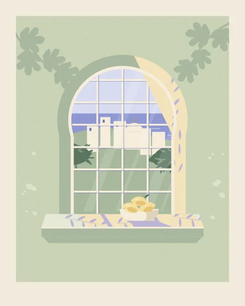 A wide horseshoe-arched window in a pale sage wall looks over a white town and a still blue bay. A cream bowl of lemons sits on the sill in full sun.