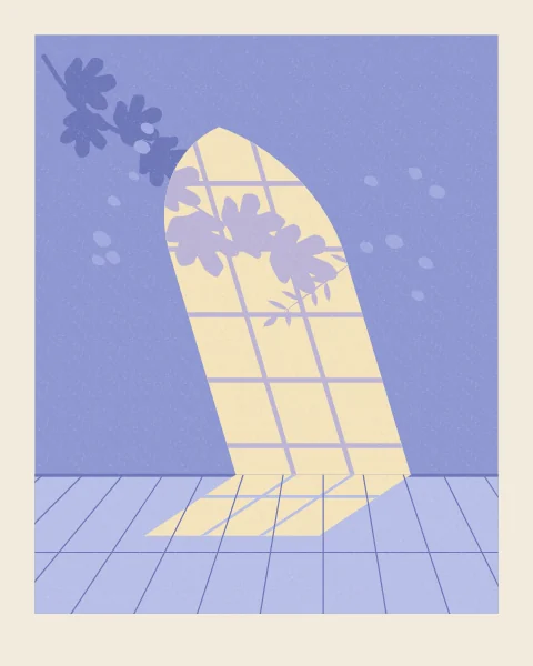 Afternoon sun through an unseen pointed window lays a bright arch of light across a periwinkle wall and on over the floor, broken by glazing bars and the shadows of fig leaves and a trailing sprig.