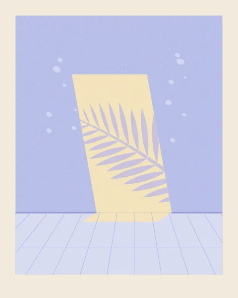 A tall rectangle of sun falls on a soft periwinkle wall, and across it the clean shadow of a single date-palm frond. Nothing else is in the room.