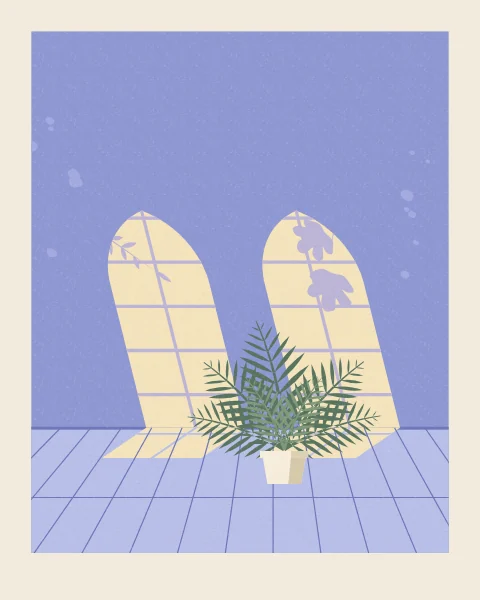 Two pointed windows cast twin arches of sun on a periwinkle wall, divided by glazing bars and crossed by leaf shadow. A potted palm stands between them on a cool tiled floor.
