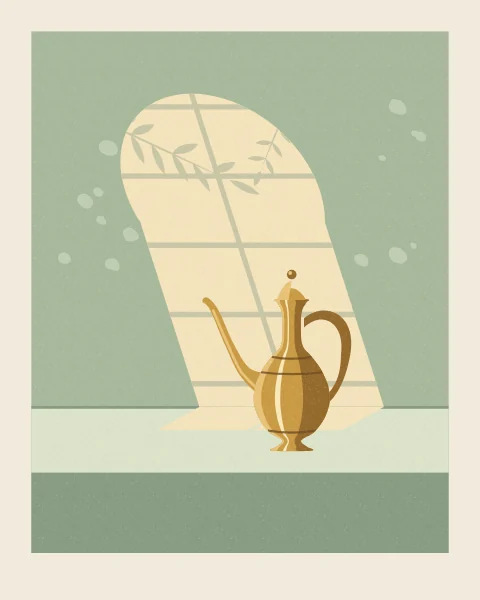 A brass ewer stands on a pale table in a horseshoe-shaped patch of morning sun, with jasmine shadows on the sage wall behind it.