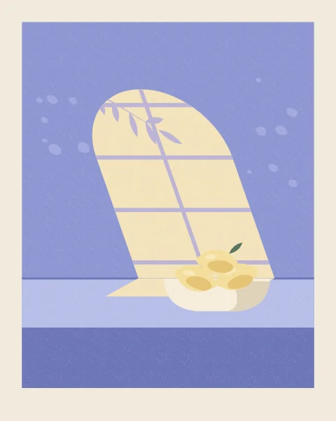 A cream bowl heaped with lemons sits in a round-arched patch of sun on a periwinkle wall and table, crossed by the shadow of a lemon branch.