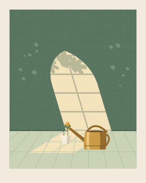 A brass watering can and a pot of seedlings stand on a tiled floor in a long slant of sun from a pointed window. Fig leaves throw their shadows across the light on the deep green wall.
