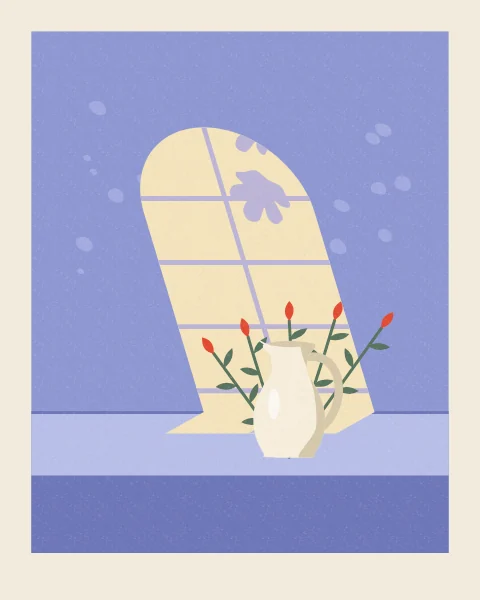 A cream jug of flowering pomegranate sprigs stands on a periwinkle table in a pool of sun, the shadows of its leaves falling across the light on the wall.