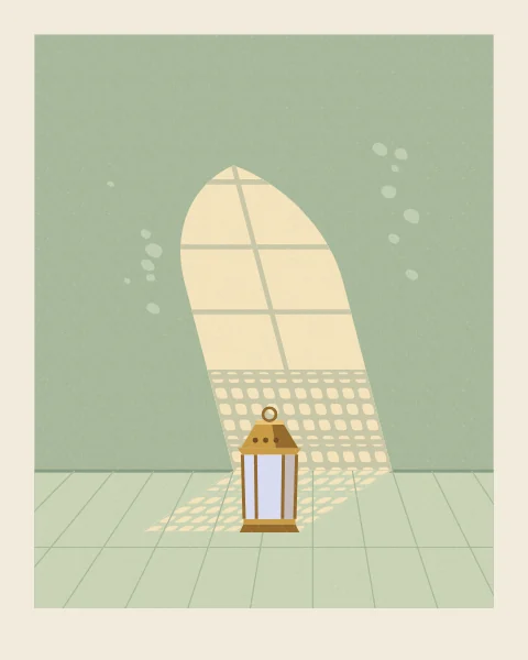 A brass lantern stands on a tiled floor in a tall patch of sun from a latticed window. The lattice turns the lower part of the light into a grid of small rounded lights on the sage wall and the floor.