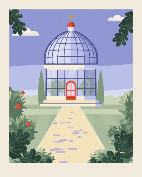 A domed garden pavilion of iron ribs and glass, with a tomato-red door and a crescent on its lantern, stands at the end of a sunlit path under a summer sky. Fig leaves and a fruiting pomegranate frame the view.
