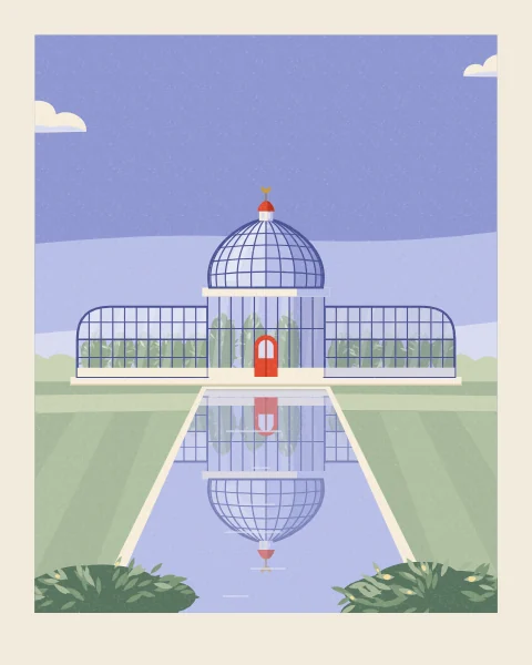 A long glasshouse with curved glass wings and a central dome is mirrored in a still pool, with clipped lawns and cypresses around it under a summer sky.