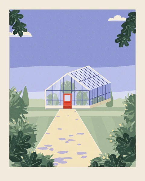 A gabled glasshouse with a red door stands at the end of a garden path, its long glass side running back among cypresses. Fig leaves frame the top and bottom of the view.