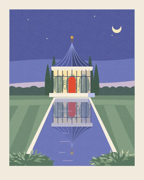 An octagonal glass pavilion with a tented roof and a red door is reflected in a long pool at dusk, with a crescent moon and a few stars over the cypresses.