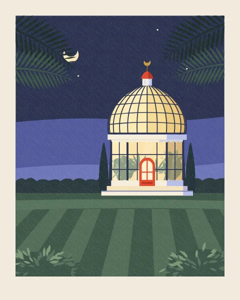 The domed glass kiosk glows warm from inside on a summer evening across a striped lawn, with a thin crescent moon over the dark cypresses and palm fronds at the edge of the view.