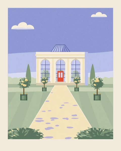 A path lined with clipped lemon trees in green planter boxes leads to a stone orangery with arched glass windows and a red door.