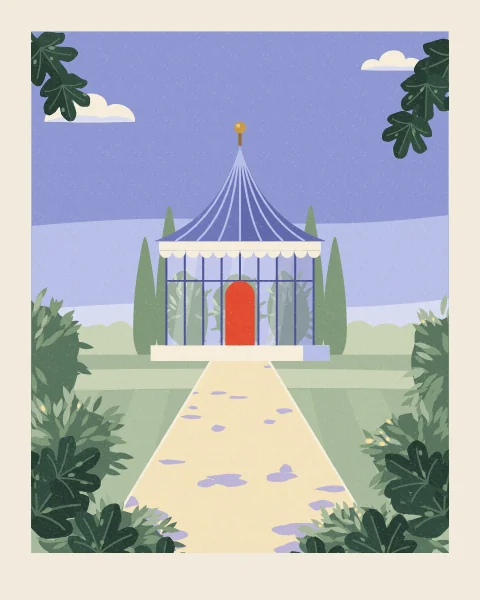 An octagonal glass pavilion with a tented metal roof and a ball finial stands at the end of a dappled path, framed by fig leaves under a summer sky.