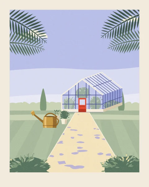 A gabled glasshouse stands to one side of a garden path, with a brass watering can and pots of seedlings waiting on the grass. Palm fronds hang into the summer sky above.