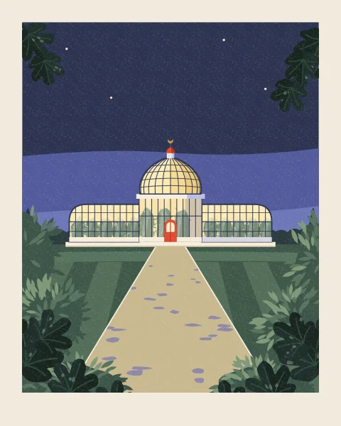The long palm house glows from within on a summer evening, at the end of a pale walk between dark shrubs, with the first stars and a crescent moon above.