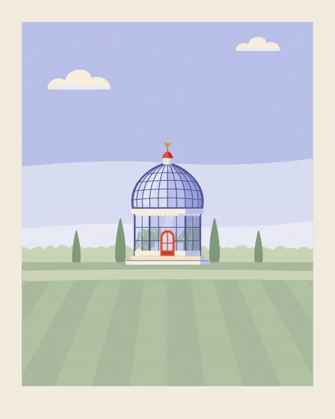 A small domed glass kiosk sits far across a wide mown lawn under a high, pale sky with a few flat clouds.
