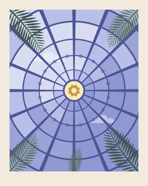 Looking straight up inside a glass dome: iron ribs and rings radiate from a small star at the crown, the panes catch the summer sky, and palm fronds reach in from the edges.