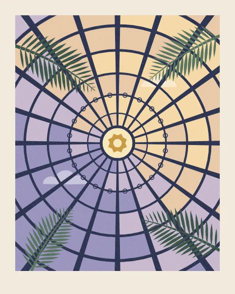 The inside of a glass dome at dusk, its panes turning rose and amber as the light goes, with the dark shapes of palm fronds against the glass.