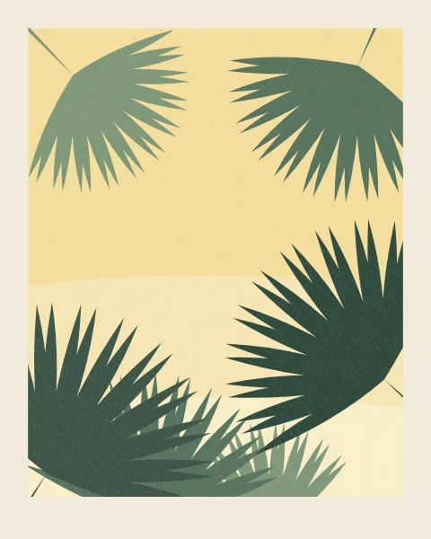 Fan-palm leaves in three greens open like pleated fans against a warm butter-yellow sky, overlapping from the edges of the frame.