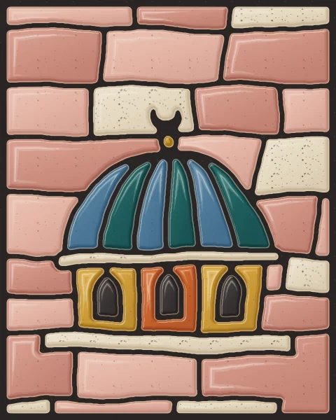 A ribbed blue and teal dome on a windowed drum with a crescent finial, set against courses of rose and blush slabs.