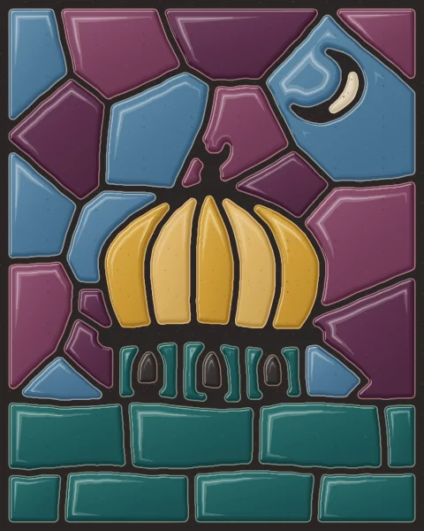 An onion-shaped dome in ochre and honey glazes rising over a band of teal, with a crescent moon in a deep blue and aubergine night.