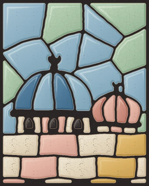 A skyline of onion and round domes of different sizes and colours rising above a band of slab walls.