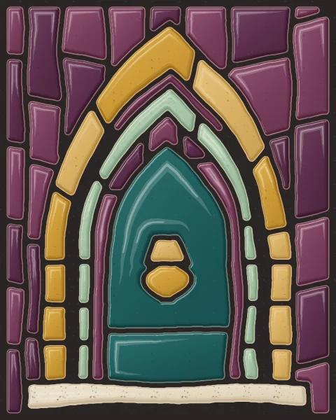 A prayer niche drawn as nested pointed arches in teal, celadon and ochre slabs, with a hanging glass lamp in the centre and a frame of aubergine.