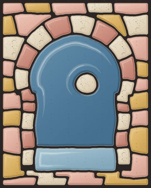 A horseshoe arch of alternating rose and oatmeal voussoirs framing a mineral-blue sky and a pale moon.