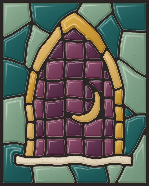 An arched window with a lattice of small slabs, a crescent showing through, set in a teal wall.