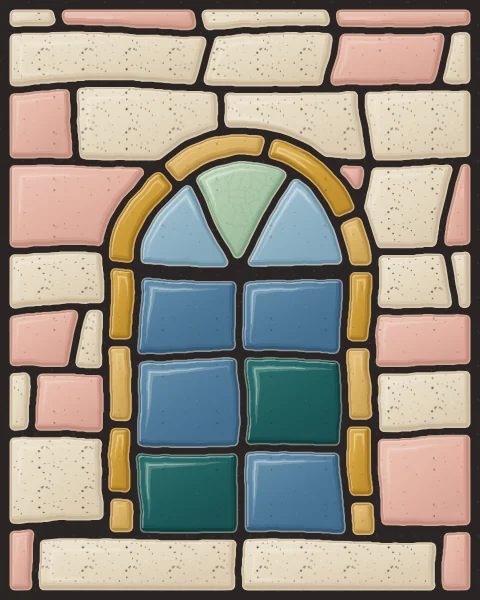 A tall double door of mineral-blue slab panels under a rounded arch, with an ochre frame and a step of oatmeal slabs.